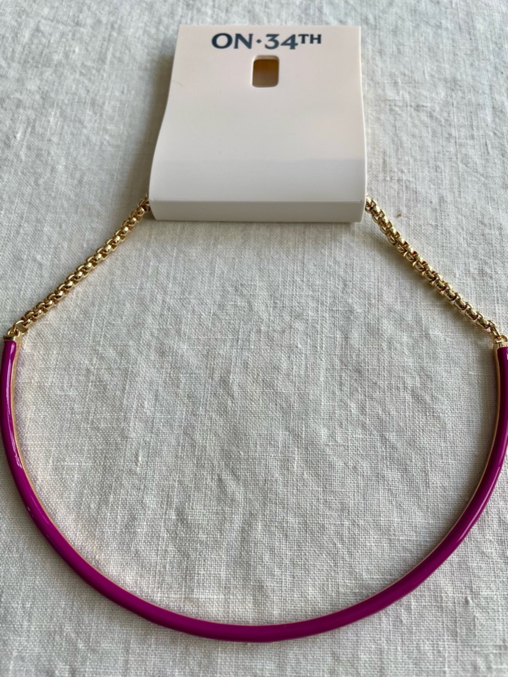 New On 34th Gold-Tone Chain Necklace with Magenta Enamel Bar